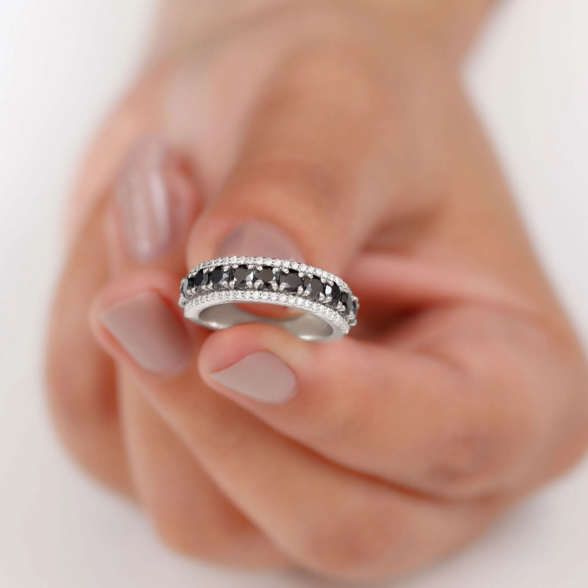 2 CT Created Black Diamond Anniversary Ring with White Diamond Accents