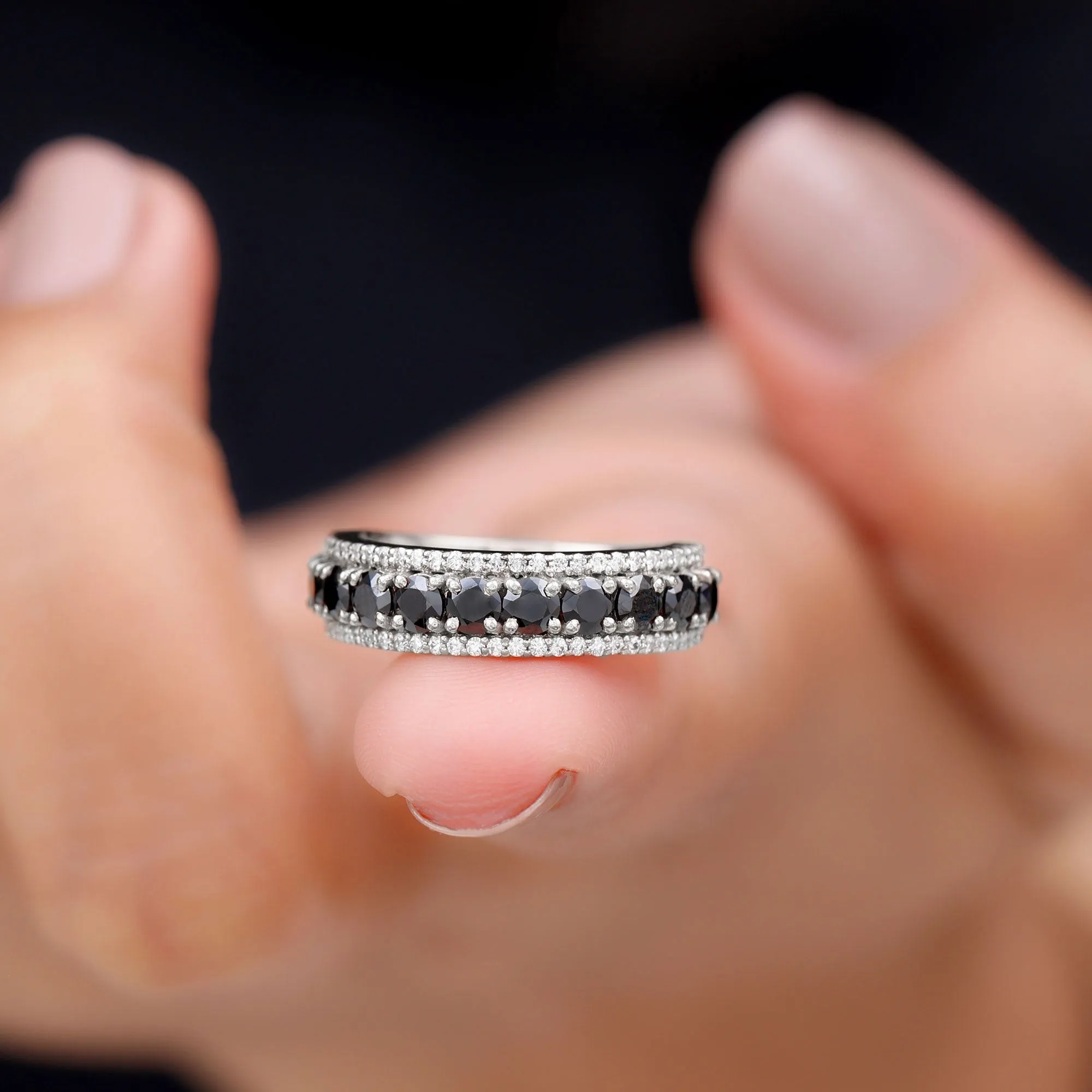 2 CT Created Black Diamond Anniversary Ring with White Diamond Accents