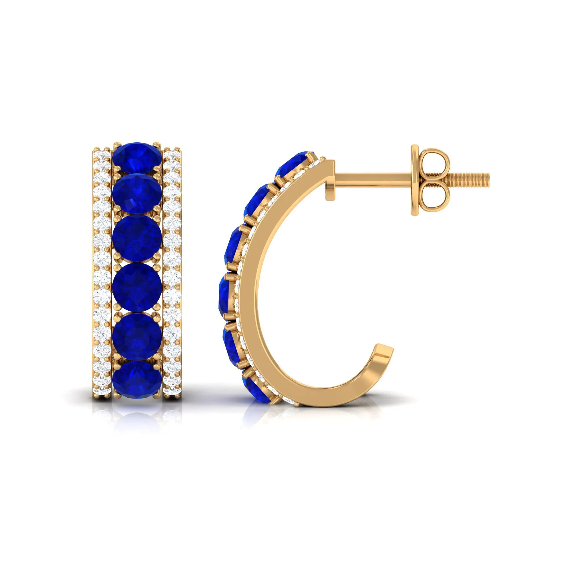 2 CT Created Blue Sapphire and Diamond J Hoop Earrings