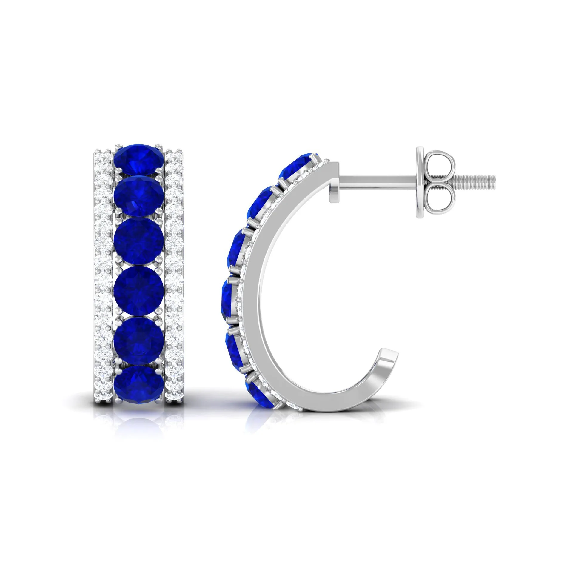 2 CT Created Blue Sapphire and Diamond J Hoop Earrings