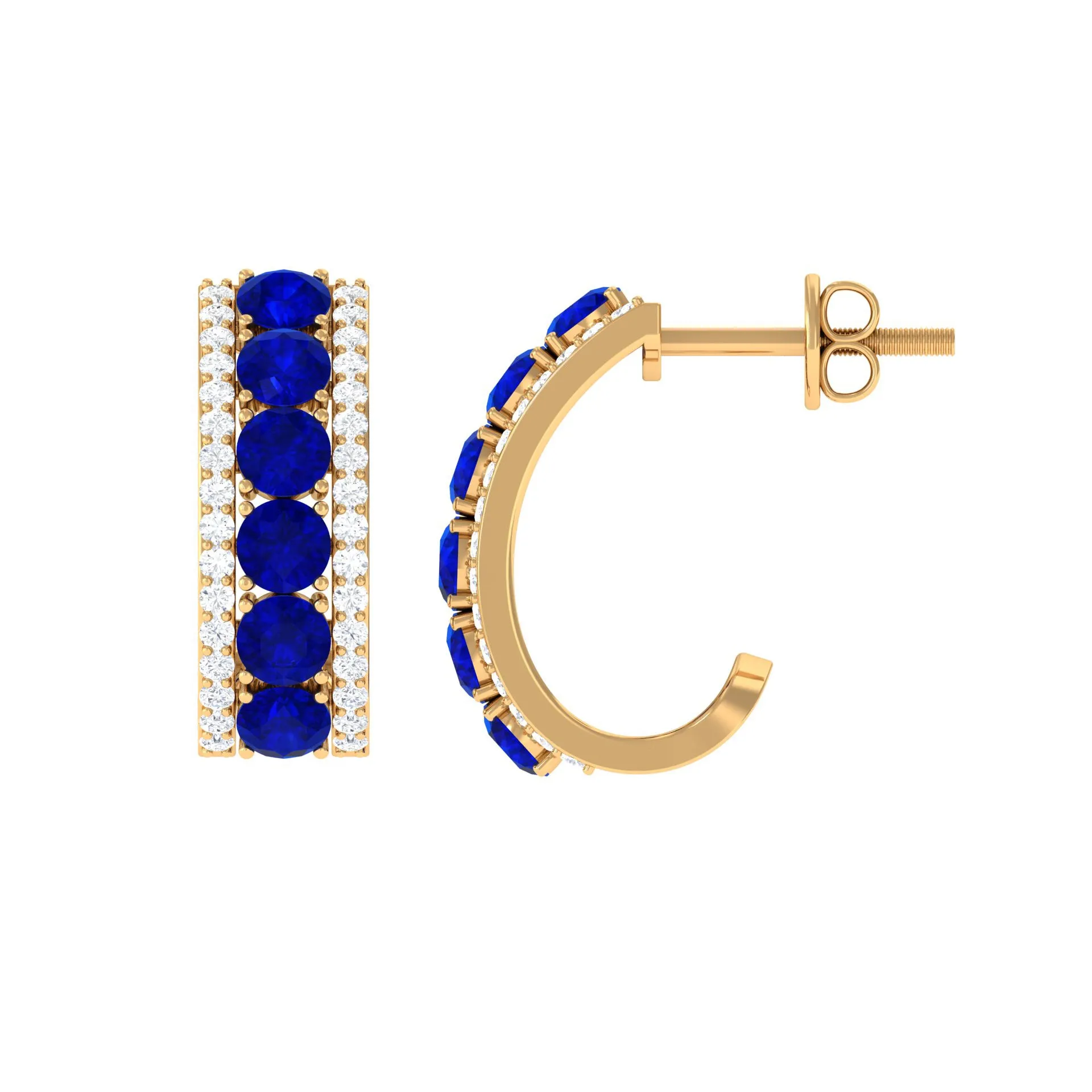 2 CT Created Blue Sapphire and Diamond J Hoop Earrings