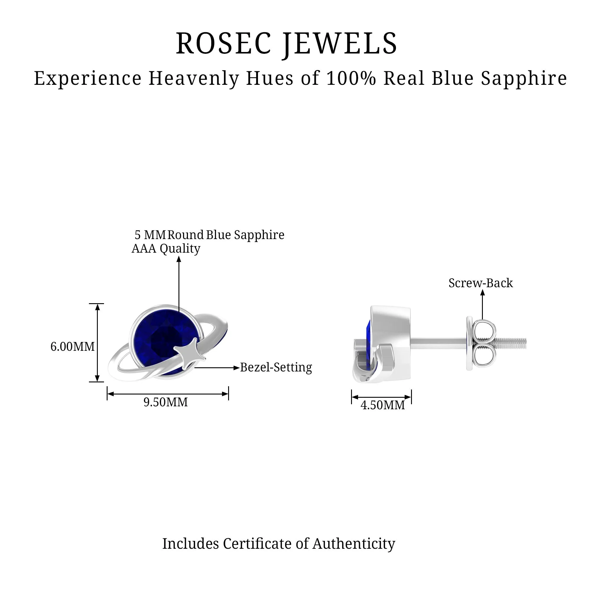 2 CT Solitaire Blue Sapphire Celestial Stud Earrings in Bezel Setting