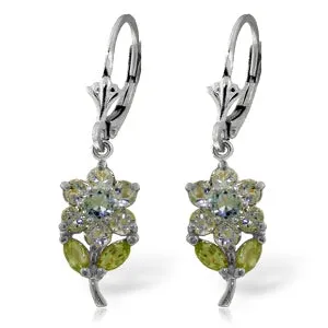 2.12 Carat 14K Solid White Gold Flowers Earrings Aquamarine Peridot