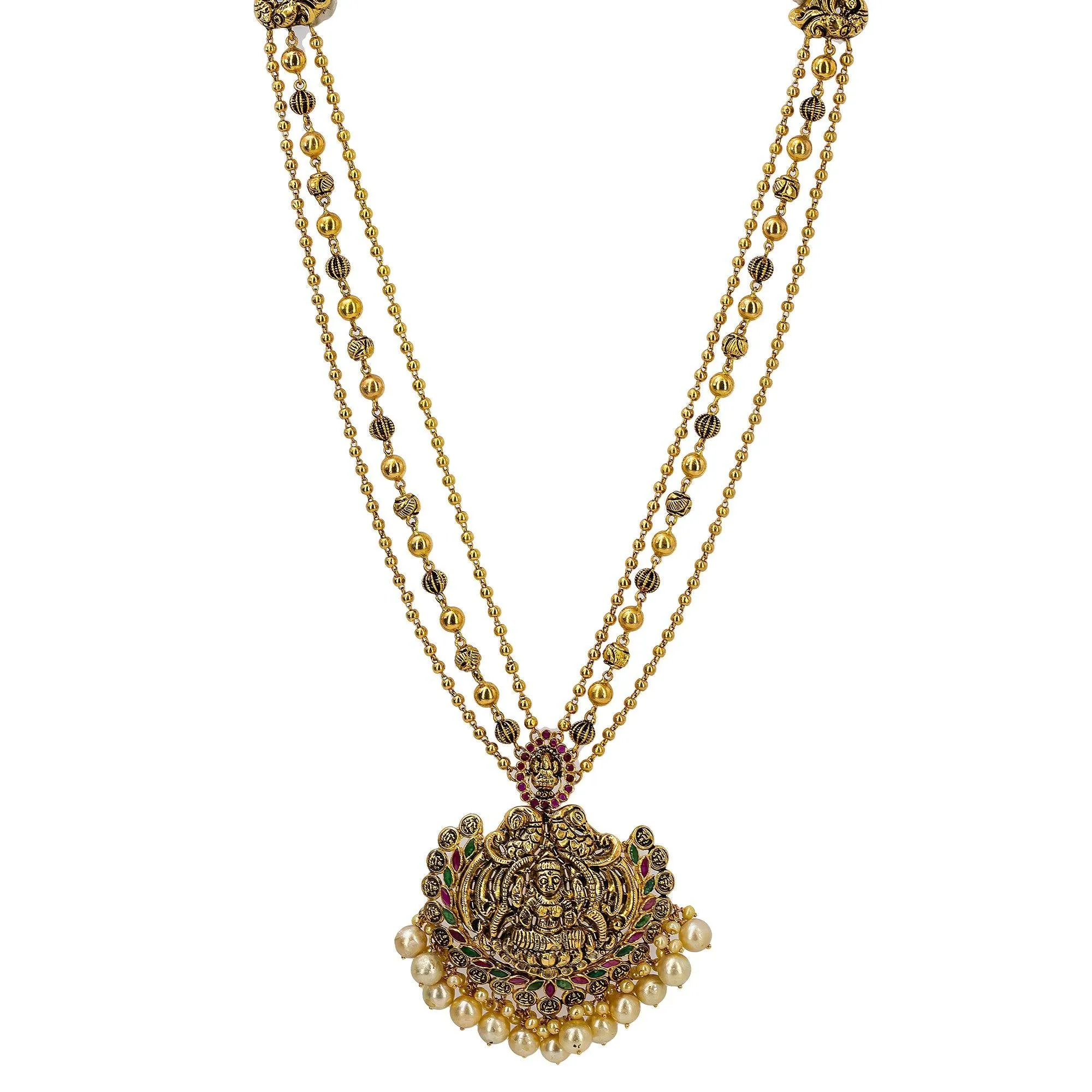 22K Yellow Antique Gold Laxmi Pendant Necklace W/ Rubies, Pearls, Triple Strands & Adjustable Drawstring Closure