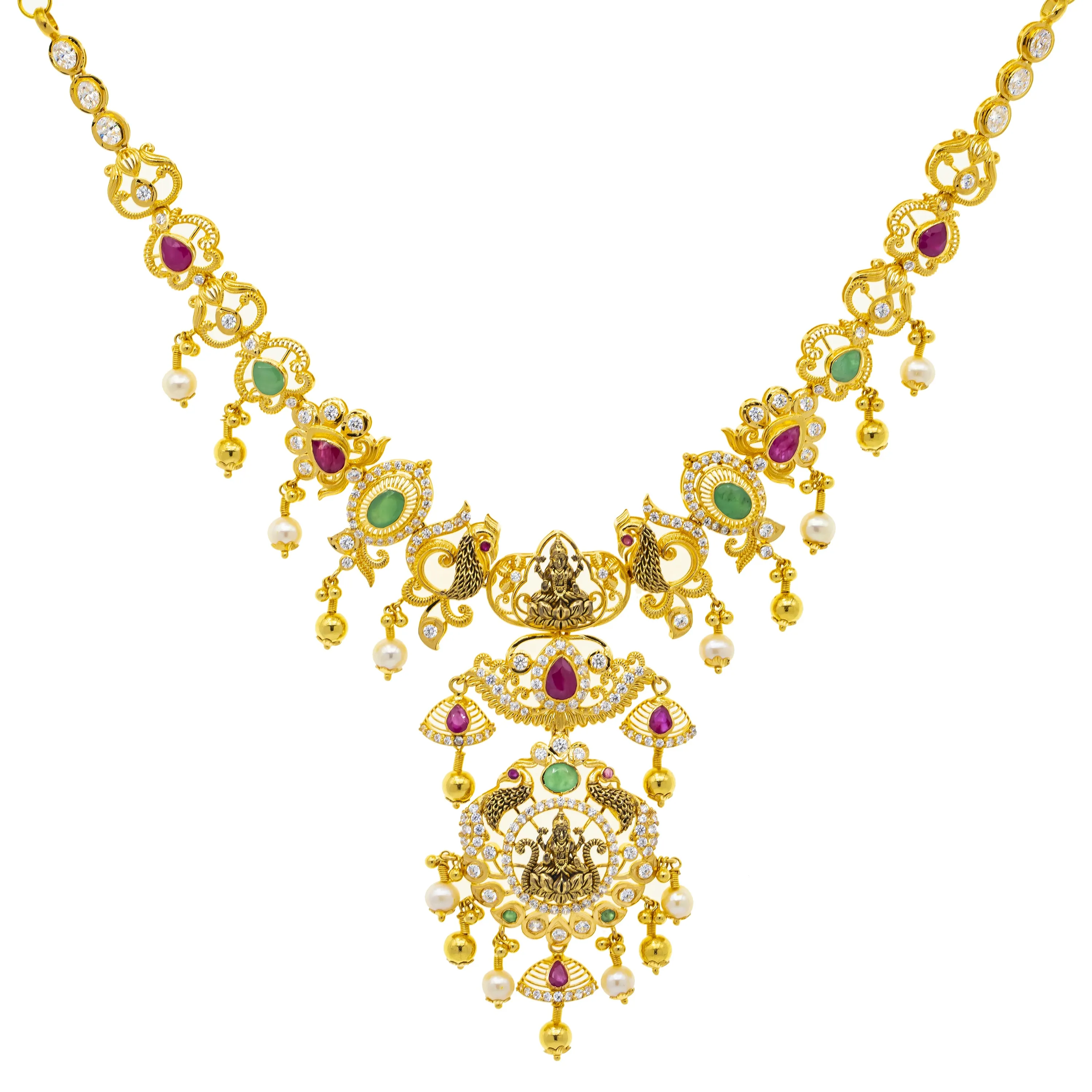 22K Yellow Gold 20 Inch Temple Necklace w/ Emerald, Ruby, CZ, & Pearl (47.5gm)