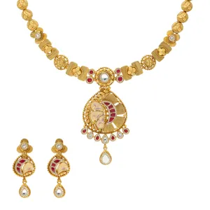 22K Yellow Gold Antique Necklace Set w/ Ruby & CZ (38.8gm)