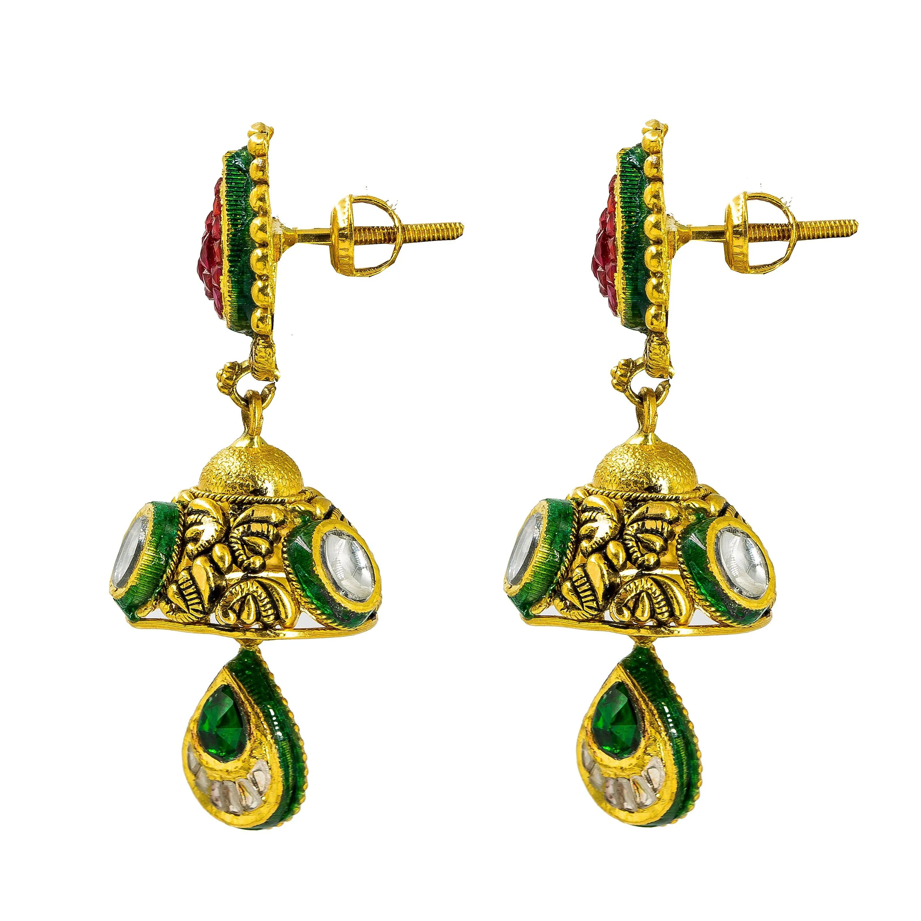 22K Yellow Gold Choker & Jhumki Drop Earrings Set W/ Ruby, Emerald, Kundan & Deep Carved Mango Detail