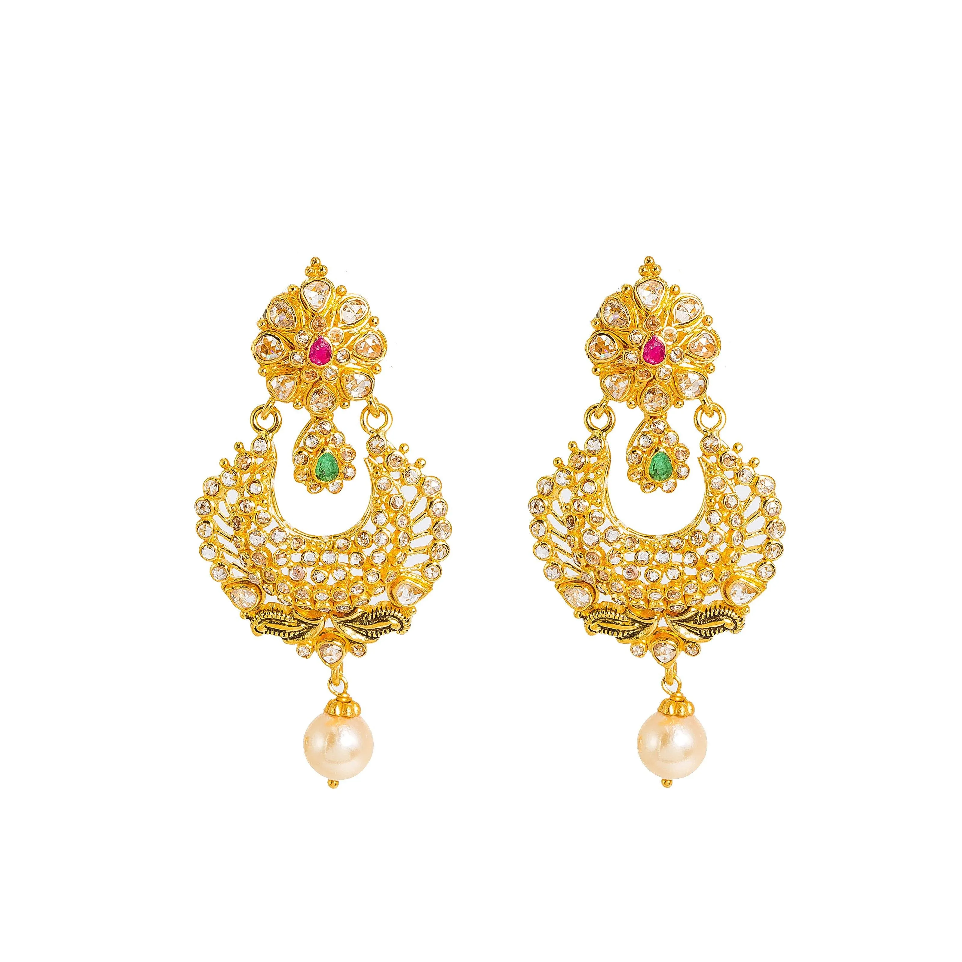 22K Yellow Gold Diamond Necklace & Chandbali Earrings Set W/ 33.95ct Uncut Diamonds, Rubies, Emeralds, Pearls & Laxmi Kasu