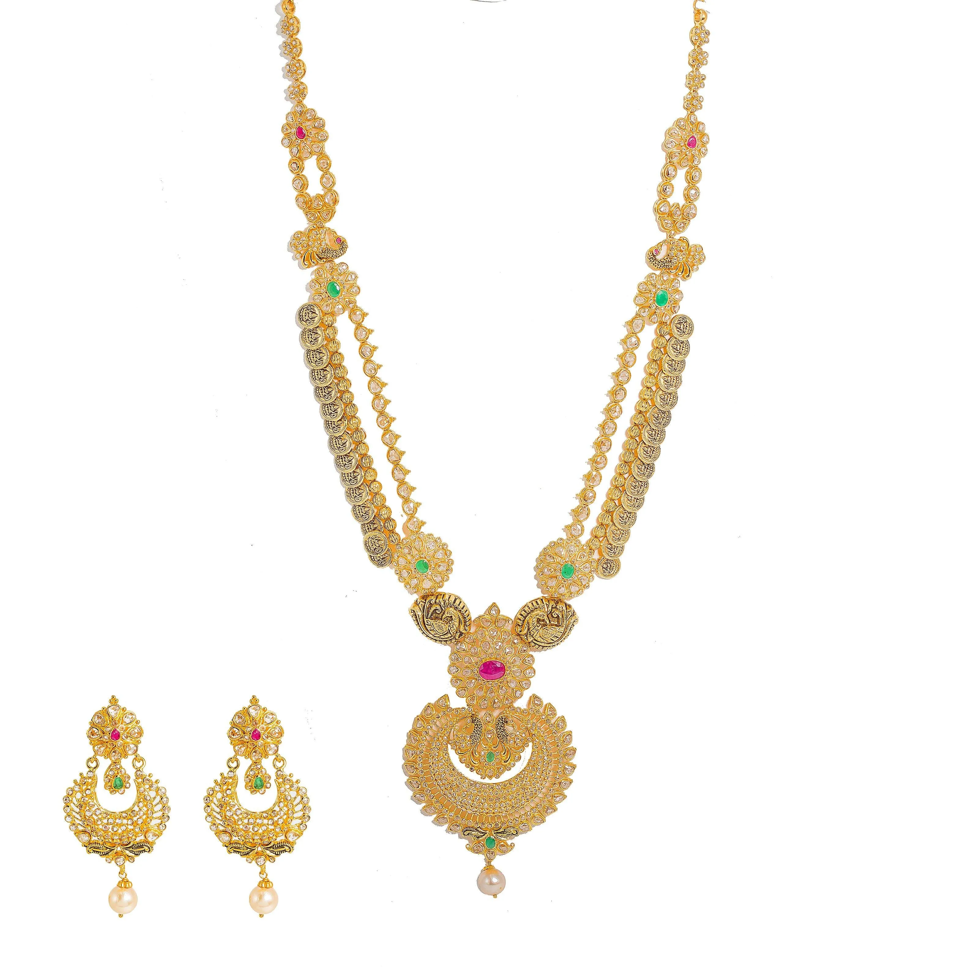 22K Yellow Gold Diamond Necklace & Chandbali Earrings Set W/ 33.95ct Uncut Diamonds, Rubies, Emeralds, Pearls & Laxmi Kasu