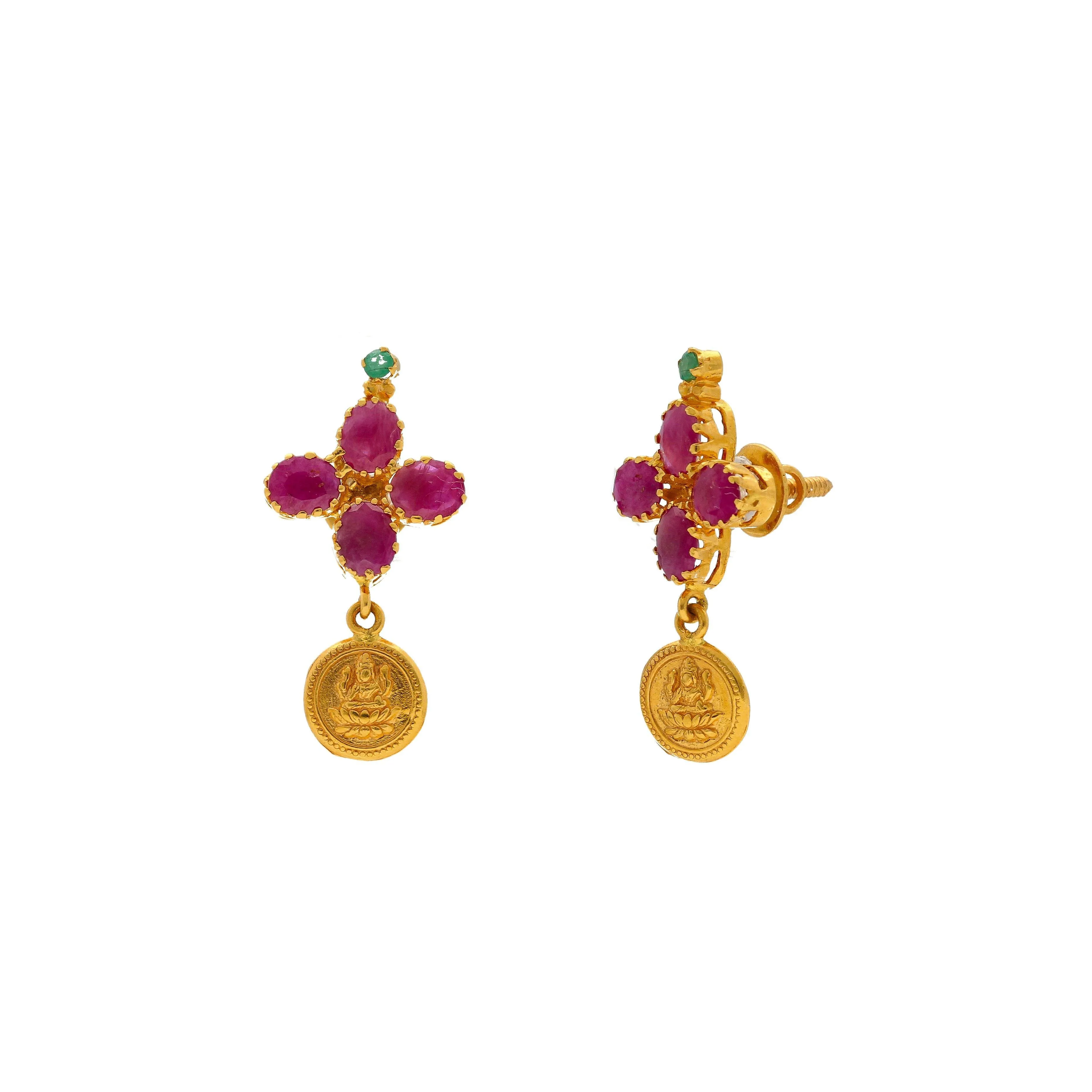 22K Yellow Gold Laxmi Kasu Necklace & Earrings Set W/ Rubies & Emeralds