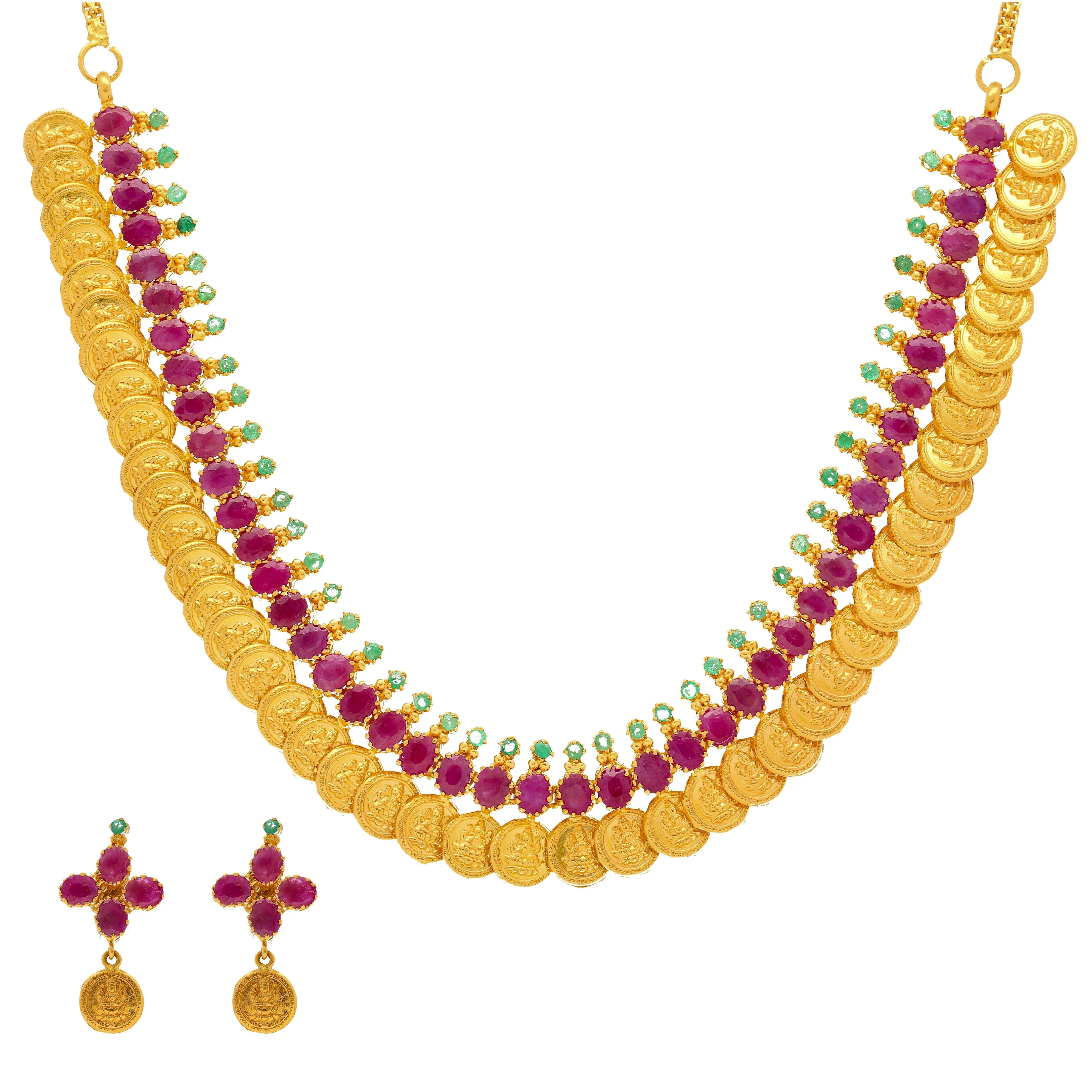 22K Yellow Gold Laxmi Kasu Necklace & Earrings Set W/ Rubies & Emeralds