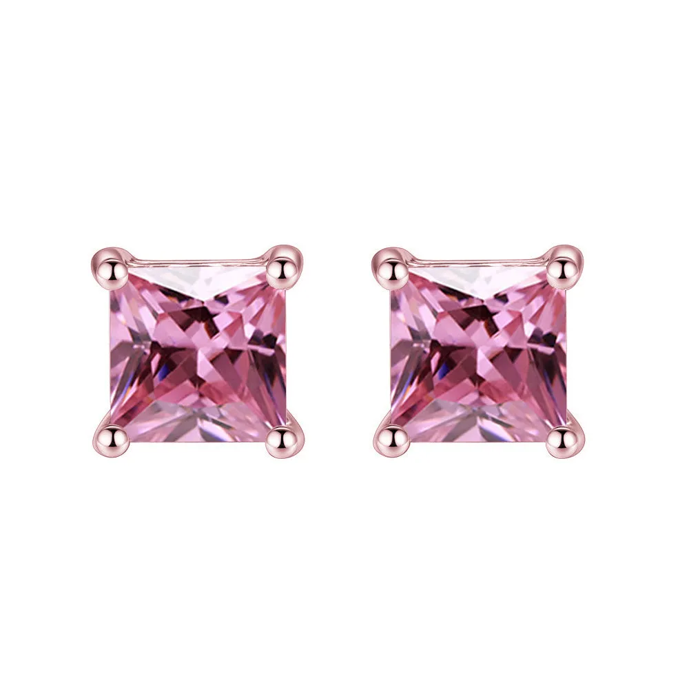 24k Rose Gold Plated 2 Cttw Pink Sapphire Princess Cut Stud Earrings