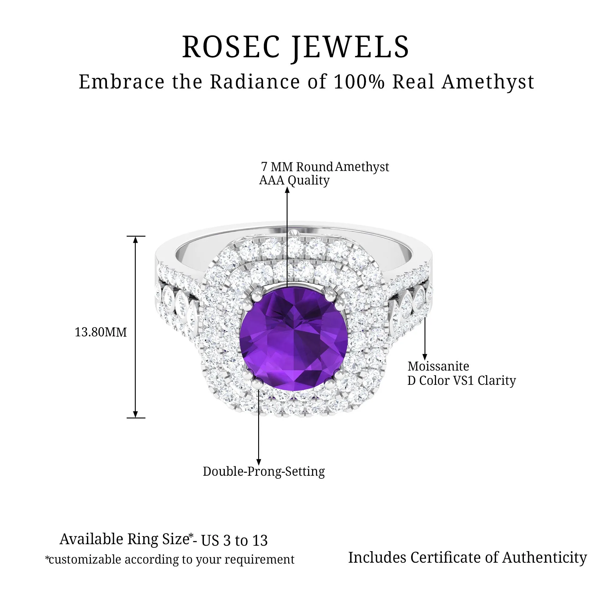 3 CT Amethyst Double Halo Engagement Ring with Moissanite