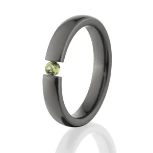 3mm round Peridot Ring, 4mm Band, Black Ziconium RIng