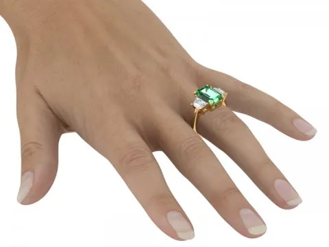 5.31ct Green Emerald Three Stone Ring with Trapezoid Side Stones