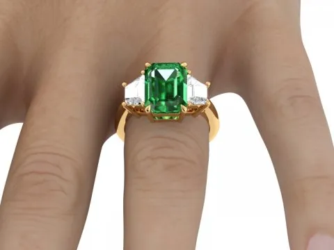 5.31ct Green Emerald Three Stone Ring with Trapezoid Side Stones