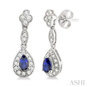 5x3 MM Pear Shape Sapphire and 1/3 Ctw Round Cut Diamond Earrings in 14K White Gold