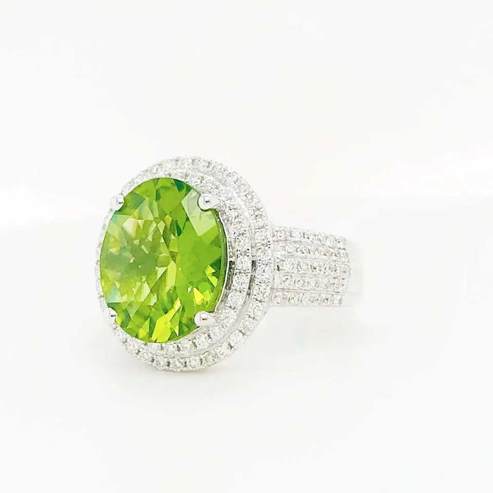 6 Carat Peridot & Diamond Double Halo Ring 14K White Gold Oval Peridot Pave Diamond