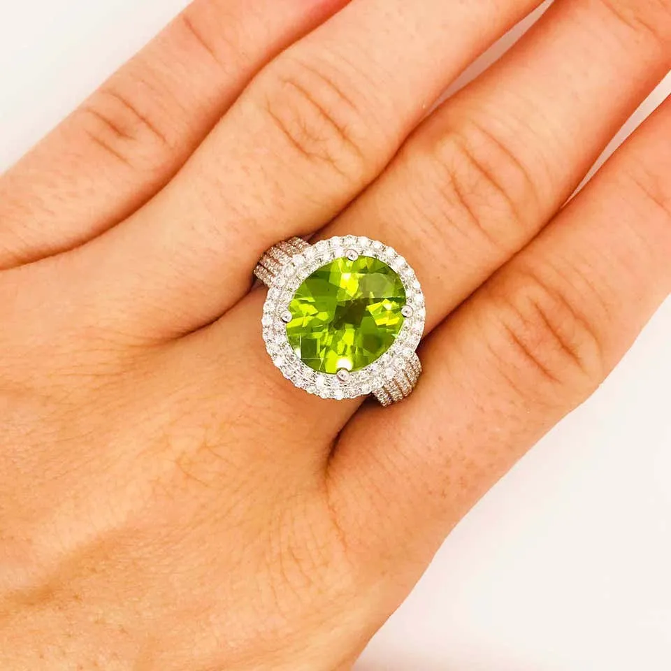 6 Carat Peridot & Diamond Double Halo Ring 14K White Gold Oval Peridot Pave Diamond