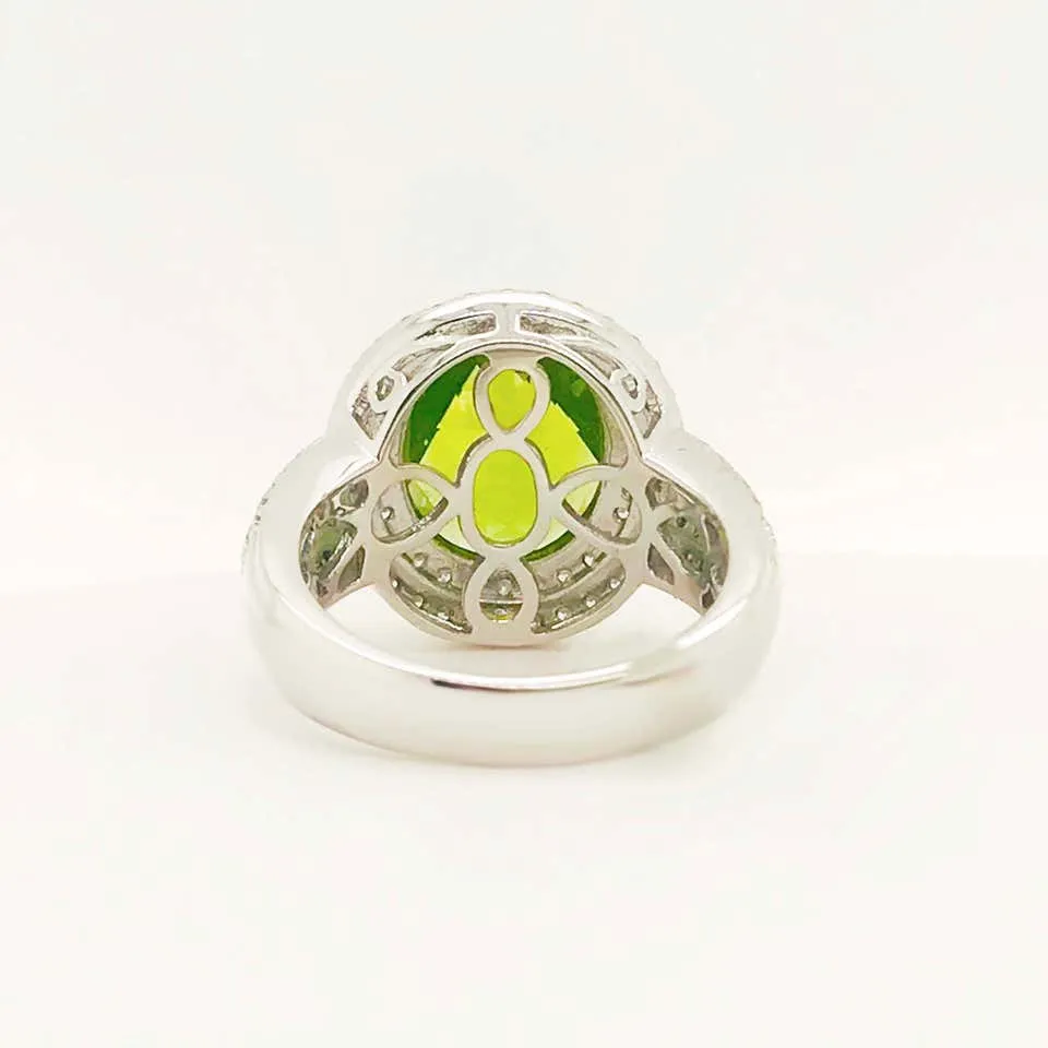 6 Carat Peridot & Diamond Double Halo Ring 14K White Gold Oval Peridot Pave Diamond