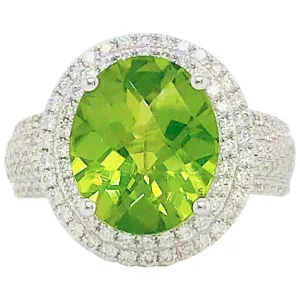 6 Carat Peridot & Diamond Double Halo Ring 14K White Gold Oval Peridot Pave Diamond