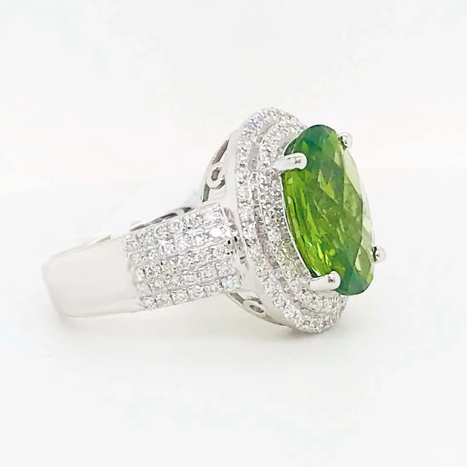 6 Carat Peridot & Diamond Double Halo Ring 14K White Gold Oval Peridot Pave Diamond