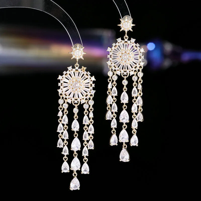 925 Silver Needles Vintage Round Pear Drop Fringed Long Boho Earrings