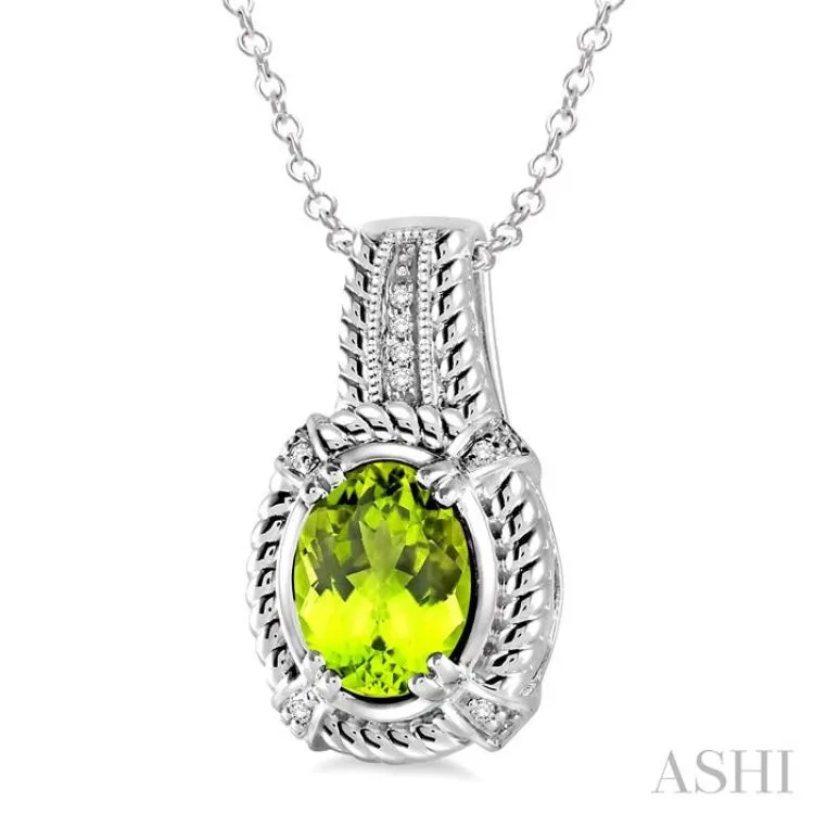 9x7 mm Oval Cut Peridot and 1/50 Ctw Single Cut Diamond Pendant in Sterling Silver with Chain