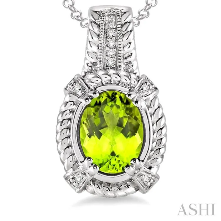 9x7 mm Oval Cut Peridot and 1/50 Ctw Single Cut Diamond Pendant in Sterling Silver with Chain