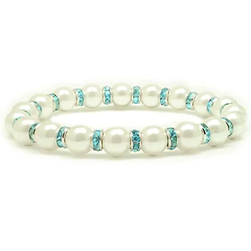 Accents Kingdom Women's Magnetic Hematite White Tuchi Simulated Pearl Bracelet with Simulated Aquamarine Crystal, 7.5"