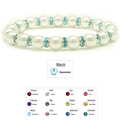 Accents Kingdom Women's Magnetic Hematite White Tuchi Simulated Pearl Bracelet with Simulated Aquamarine Crystal, 7.5"