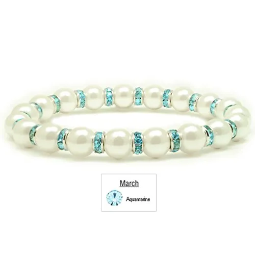 Accents Kingdom Women's Magnetic Hematite White Tuchi Simulated Pearl Bracelet with Simulated Aquamarine Crystal, 7.5"