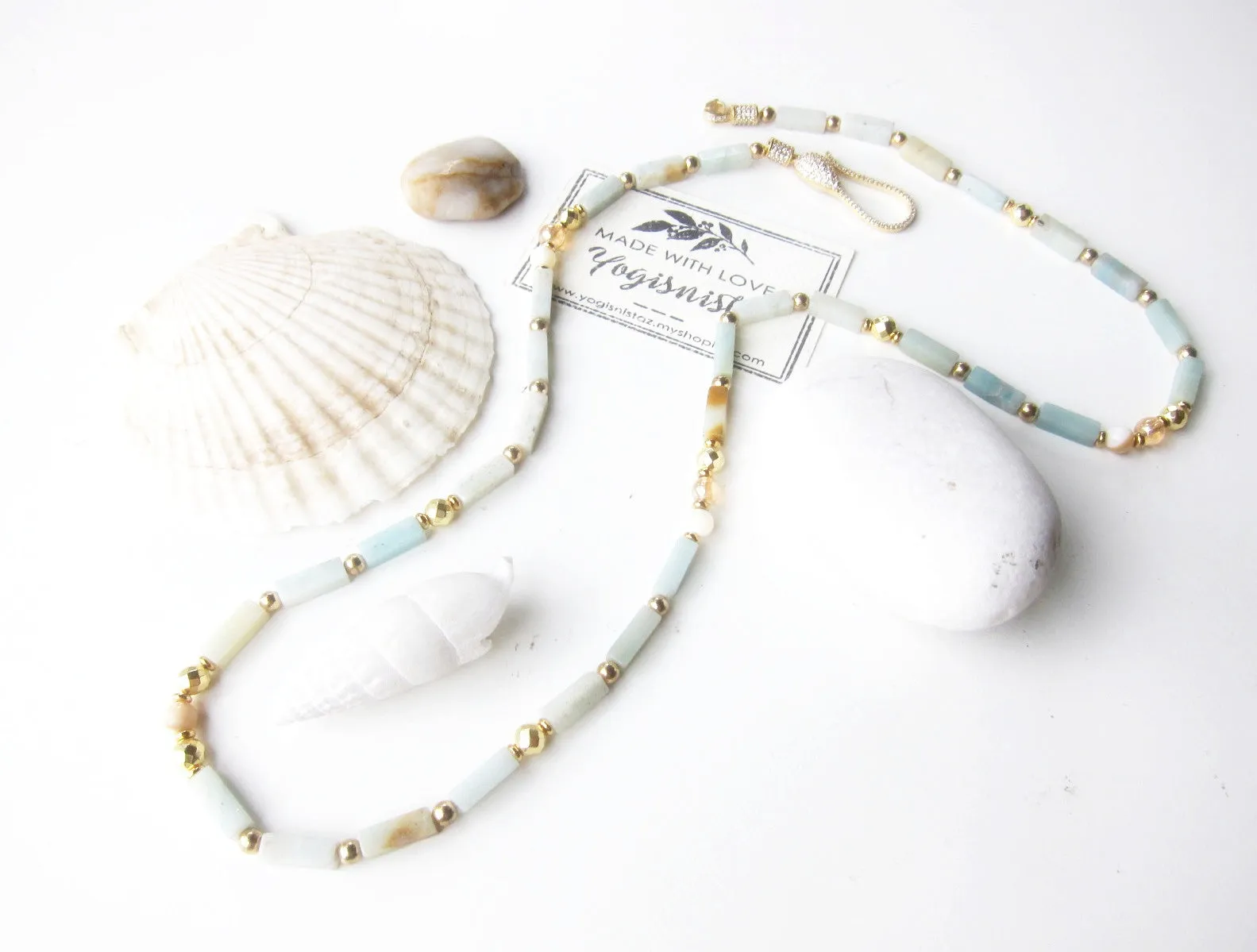 Amazonite and Mother of Pearl Necklace - finished in Gold Platinum CZ Clasp