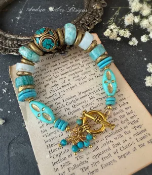 Amazonite stone, turquoise, african brass, finished bracelet.