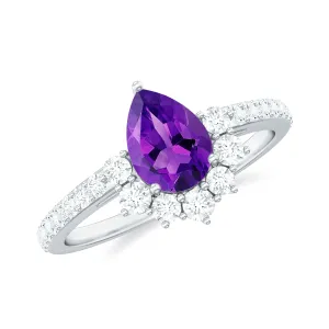 Amethyst Teardrop Engagement Ring with Diamond Half Halo