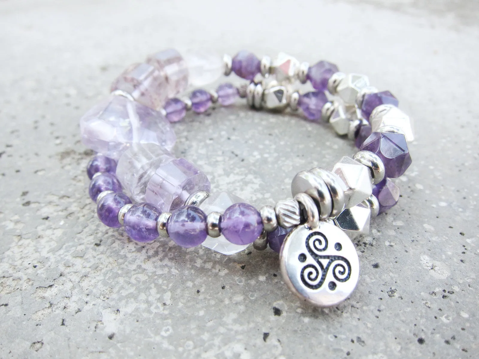 Ametrine, Amethyst and Silver Hematite Mala Bracelet - Calming, Protection, Grounding