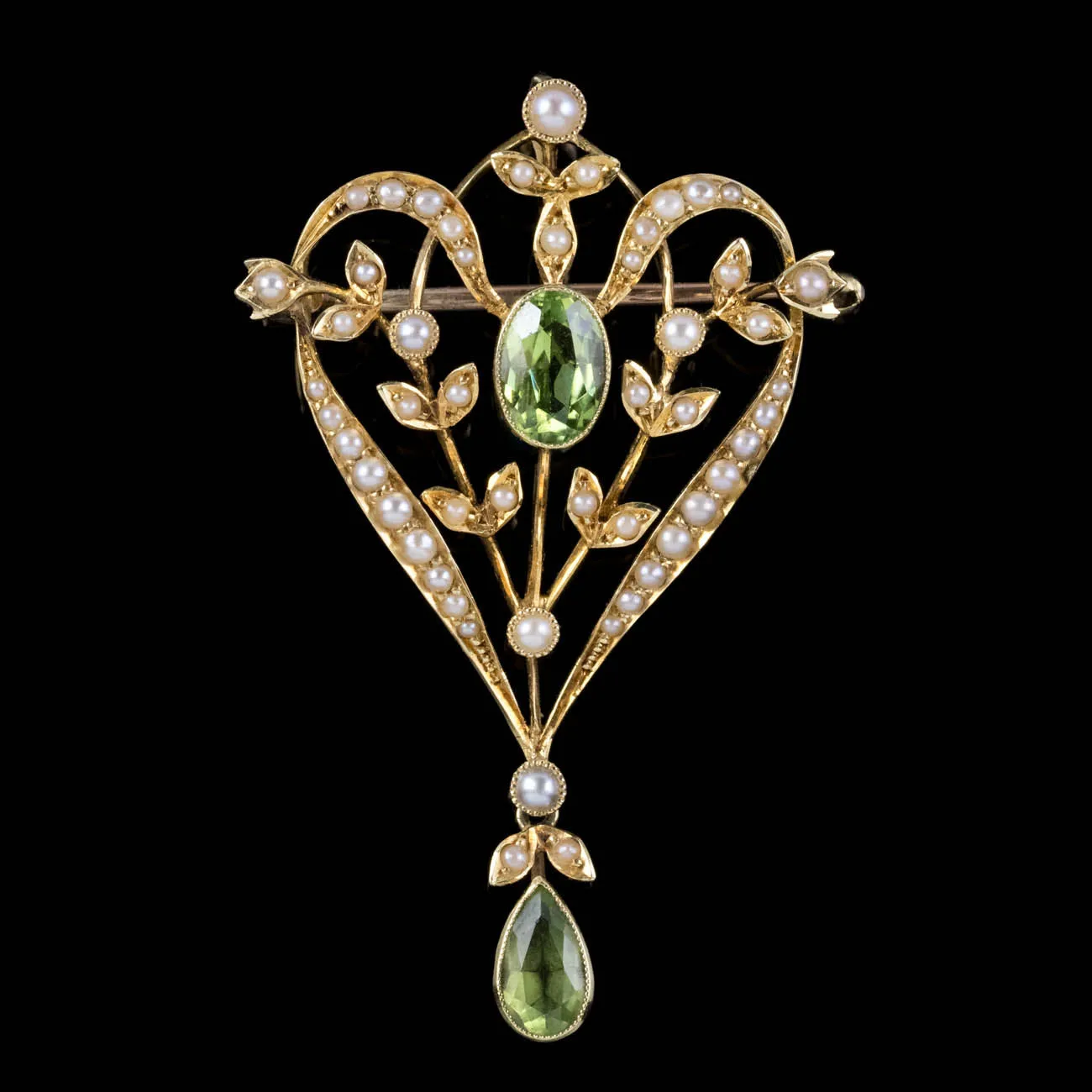 Antique Edwardian Floral Peridot Pearl Pendant 15Ct Gold Circa 1905