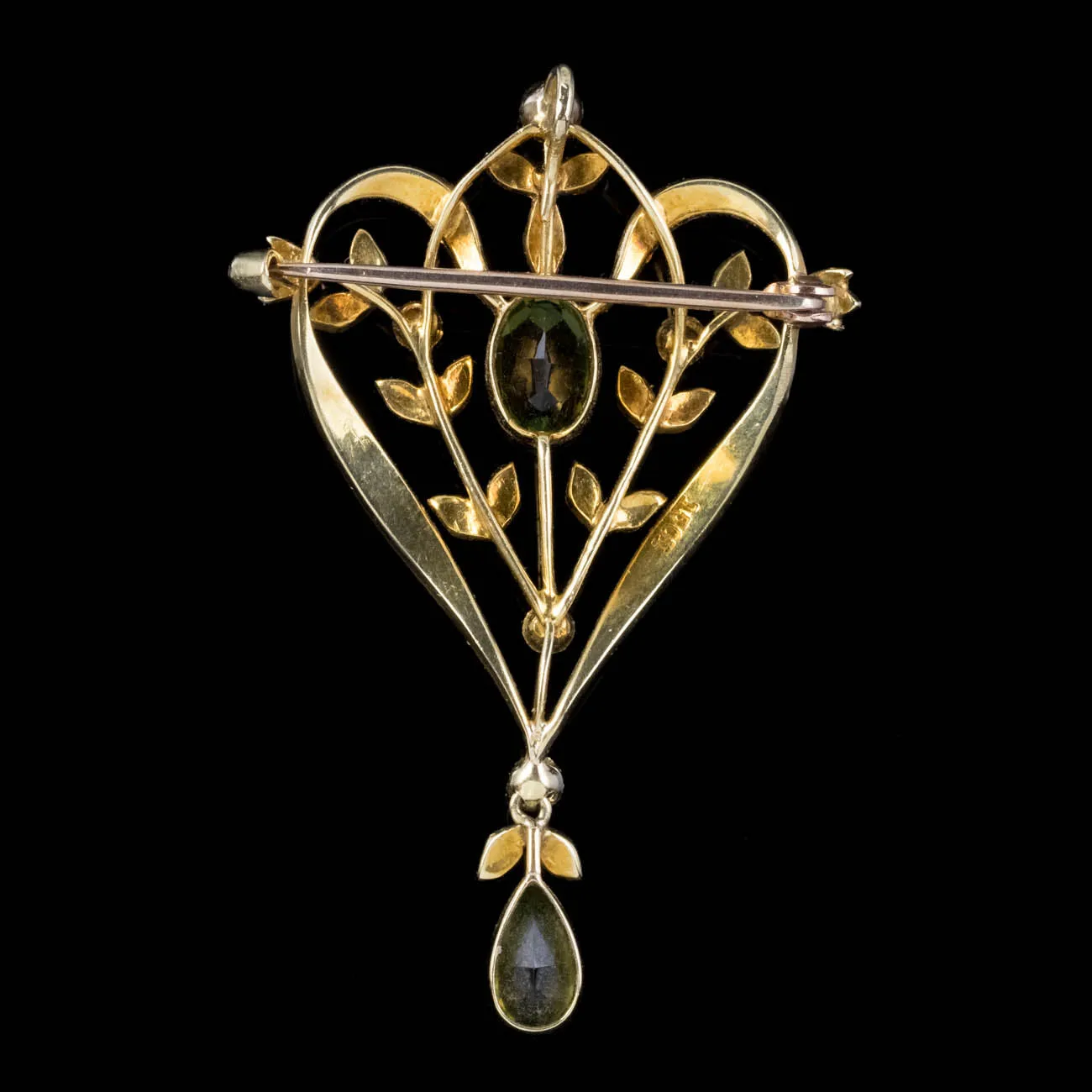 Antique Edwardian Floral Peridot Pearl Pendant 15Ct Gold Circa 1905