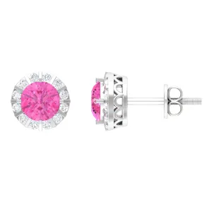 Antique Pink Sapphire and Diamond Halo Stud Earrings