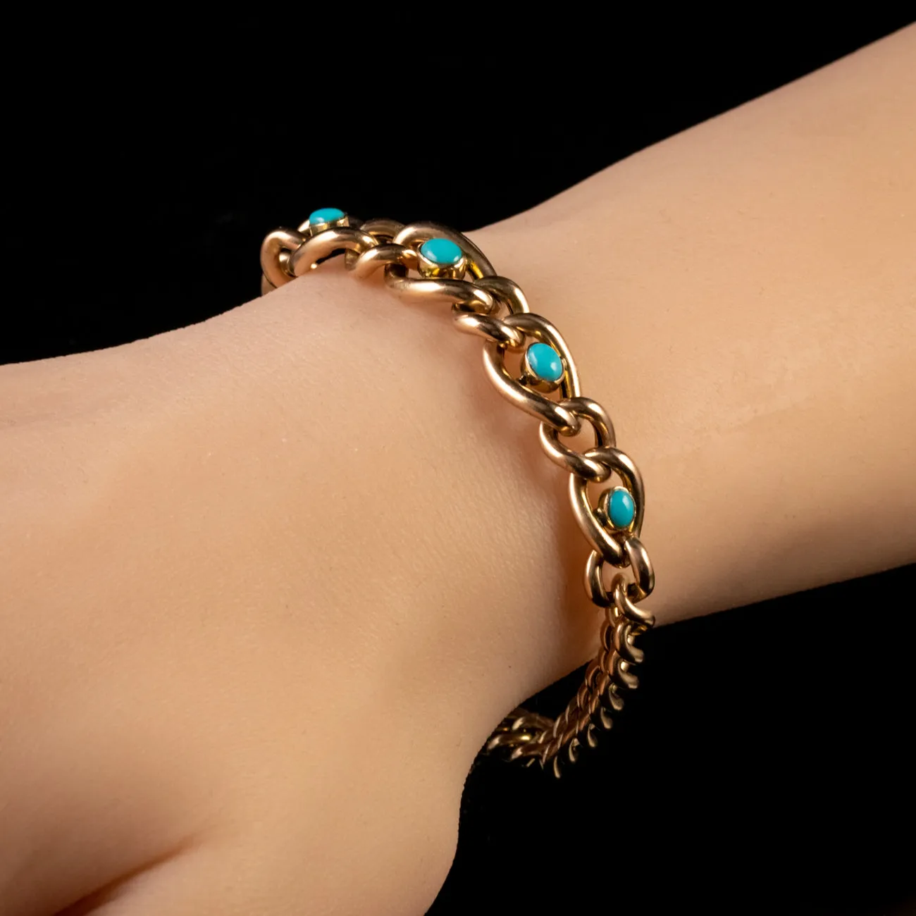 Antique Victorian Turquoise Forget Me Not Bracelet 9Ct Rose Gold Circa 1900