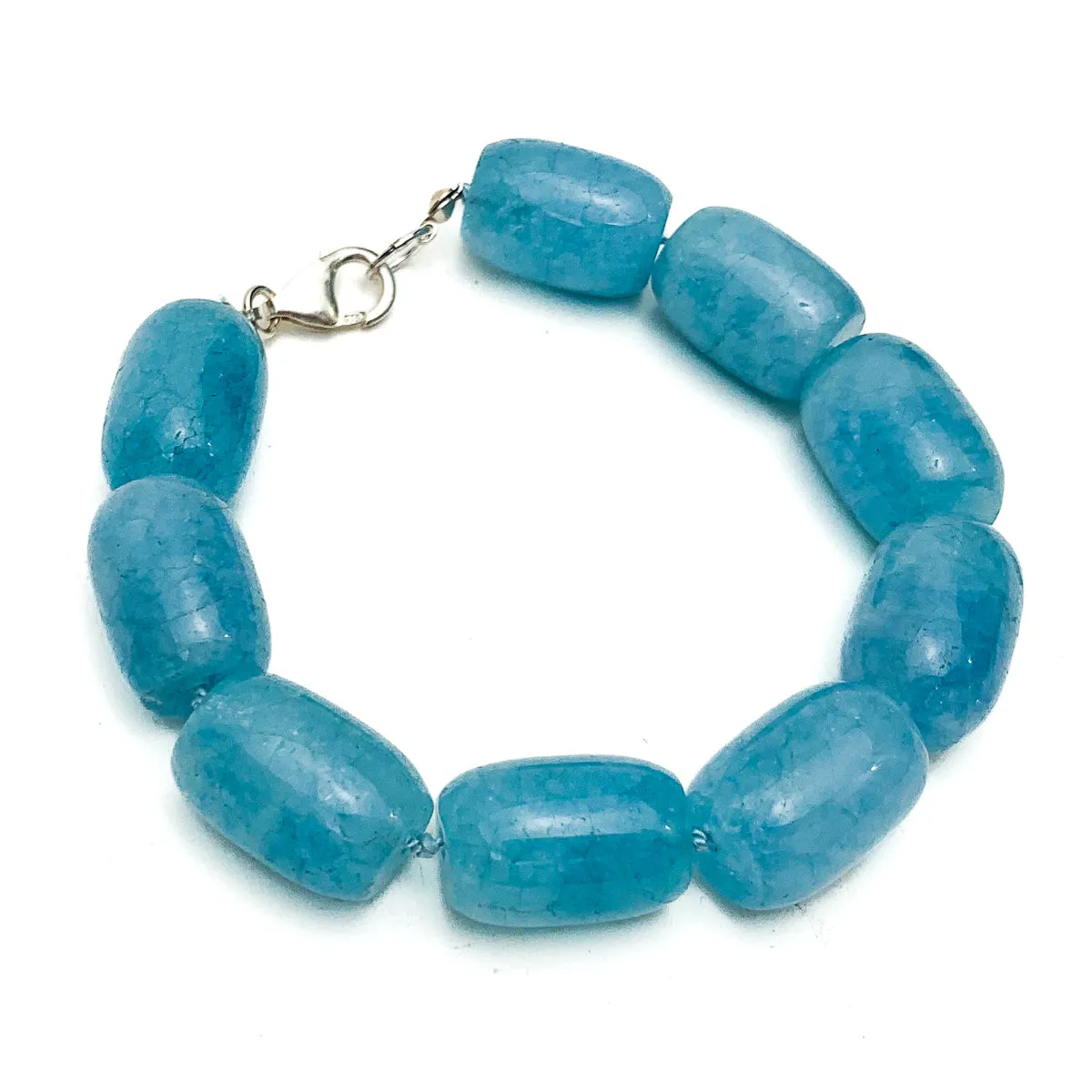 Aquamarine Smooth Barrel Knotted Bracelet With Sterling Silver Trigger Clasp