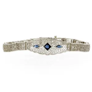 Art Deco 14K Gold Blue Glass Filigree Bracelet