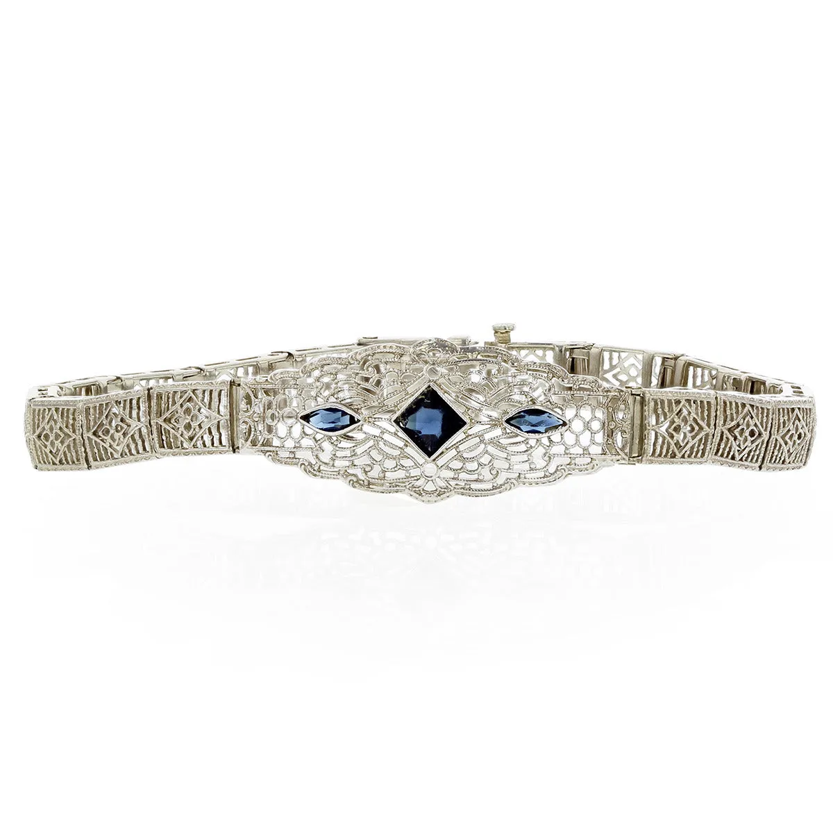 Art Deco 14K Gold Blue Glass Filigree Bracelet