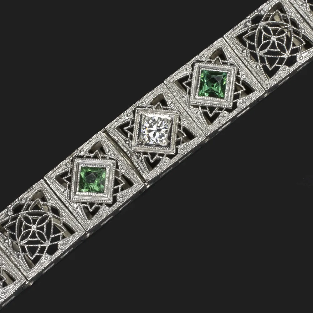 ART DECO DIAMOND EMERALD BRACELET PLATINUM 14k WHITE GOLD FILIGREE VINTAGE 20s