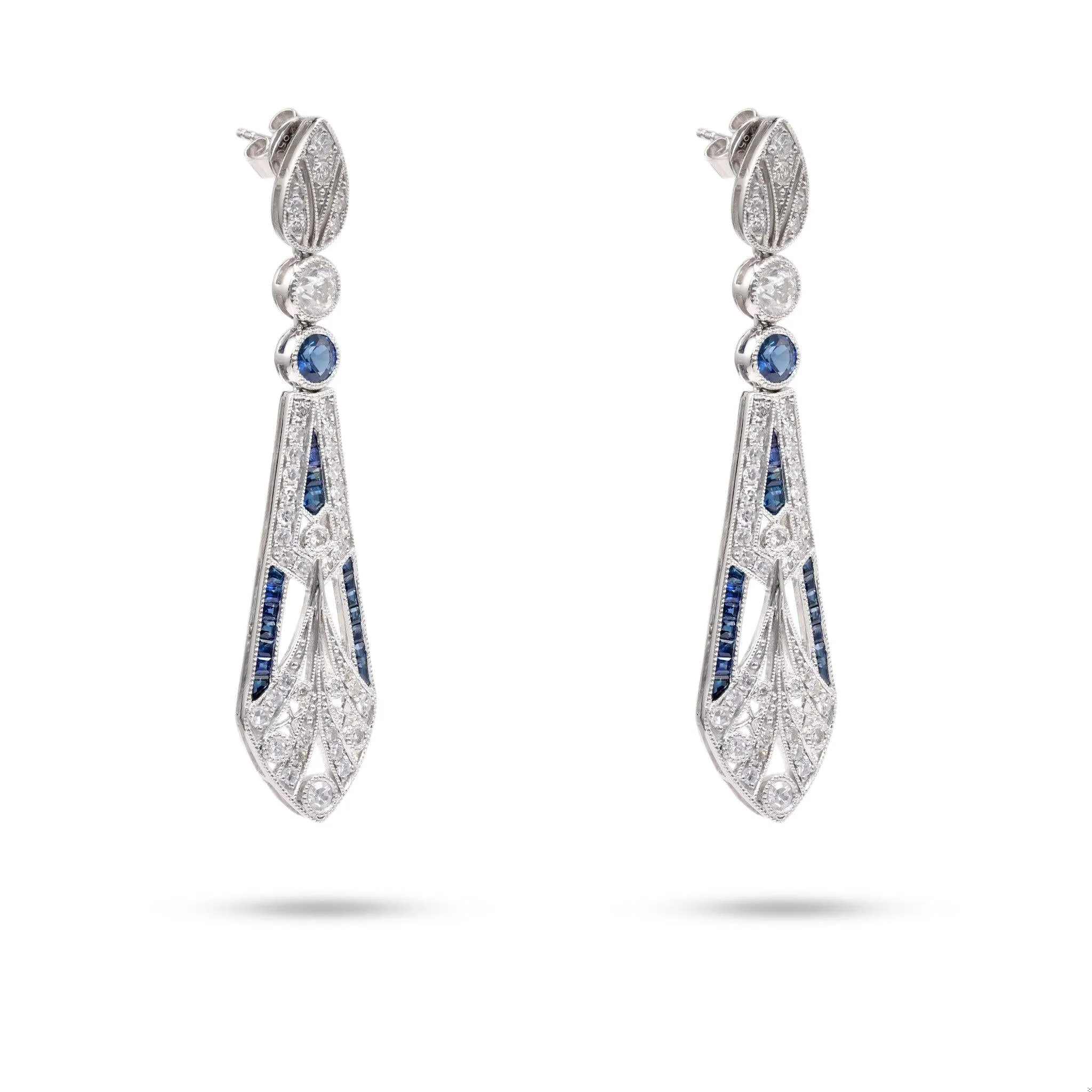 Art Deco Inspired Diamond Sapphire Platinum Dangle Earrings