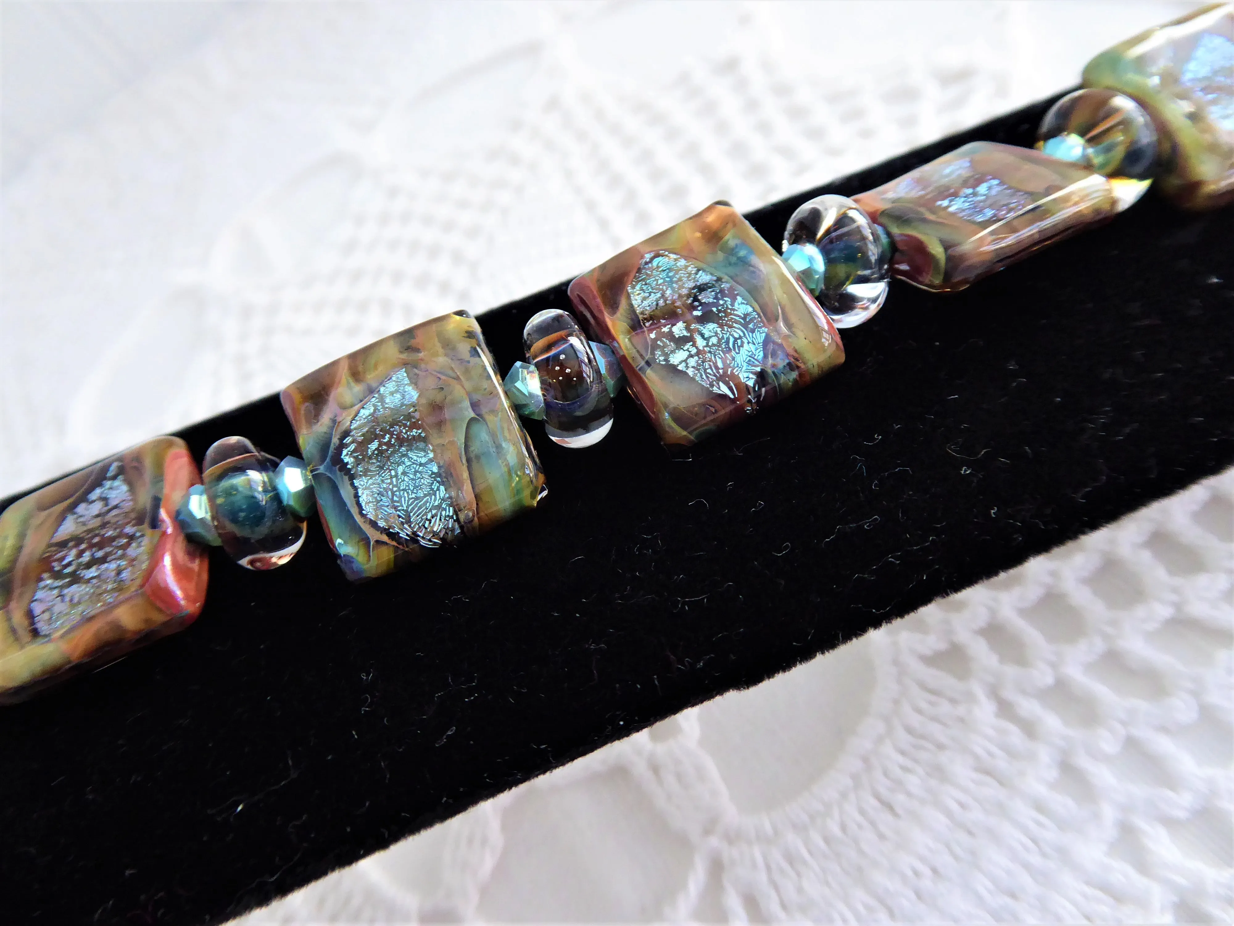 Art Glass Brown Turquoise Foil Tile Bracelet Artisan Glass Maker Square Size 7.5