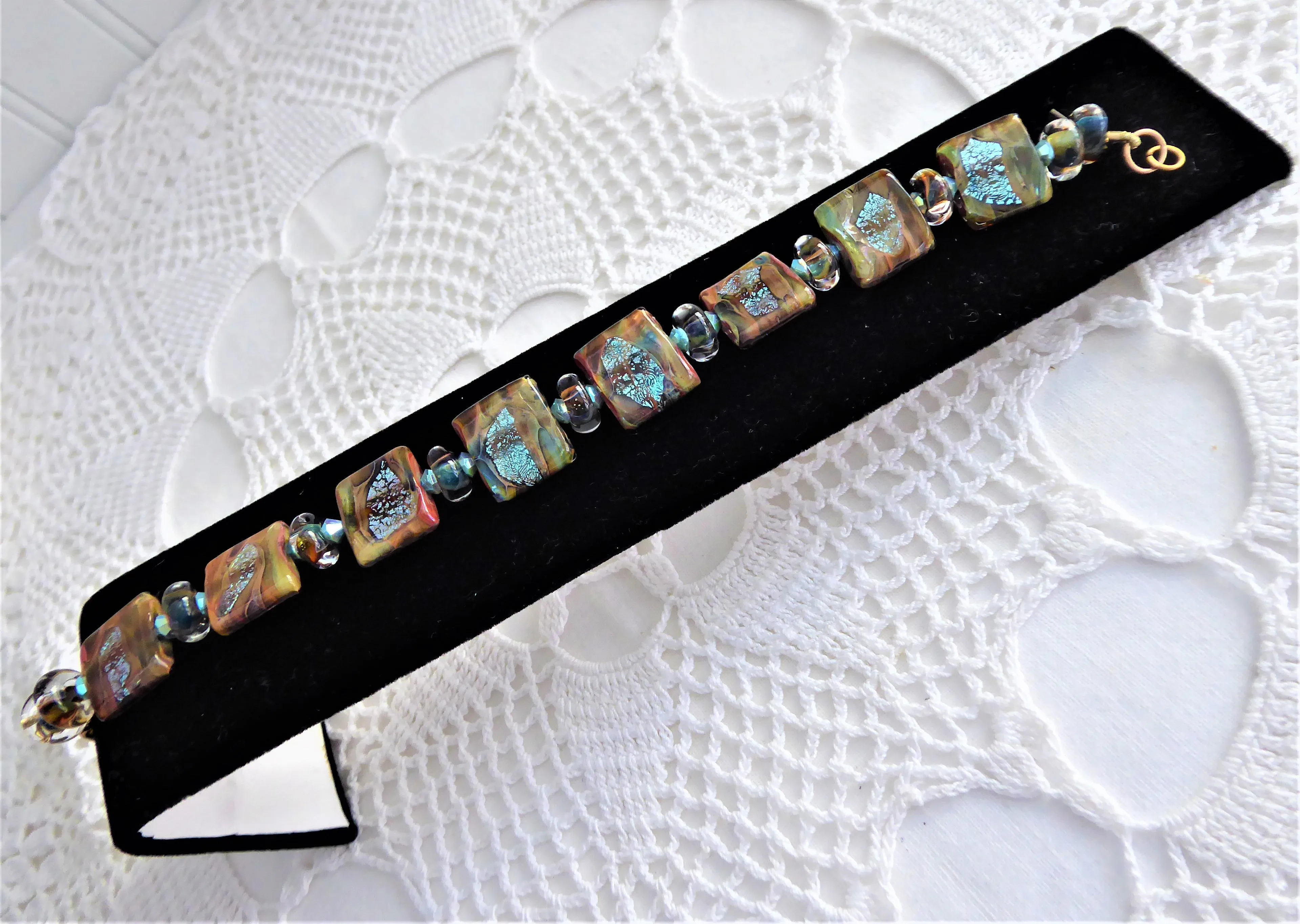 Art Glass Brown Turquoise Foil Tile Bracelet Artisan Glass Maker Square Size 7.5