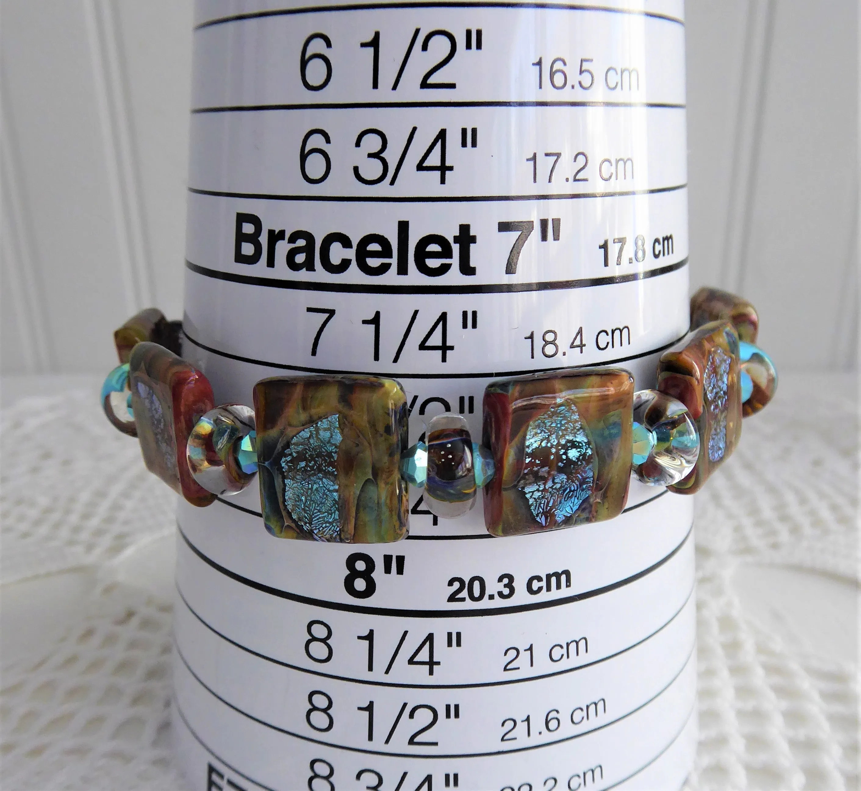 Art Glass Brown Turquoise Foil Tile Bracelet Artisan Glass Maker Square Size 7.5