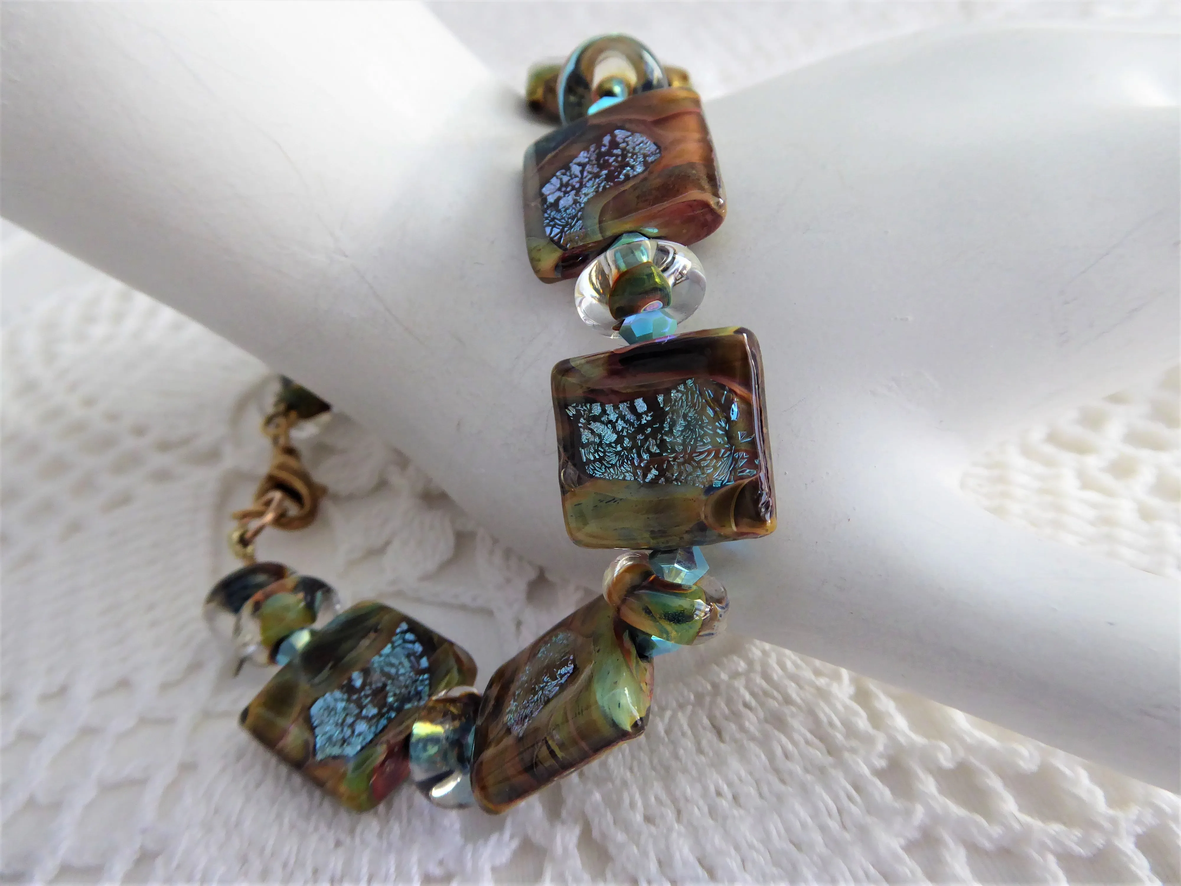 Art Glass Brown Turquoise Foil Tile Bracelet Artisan Glass Maker Square Size 7.5