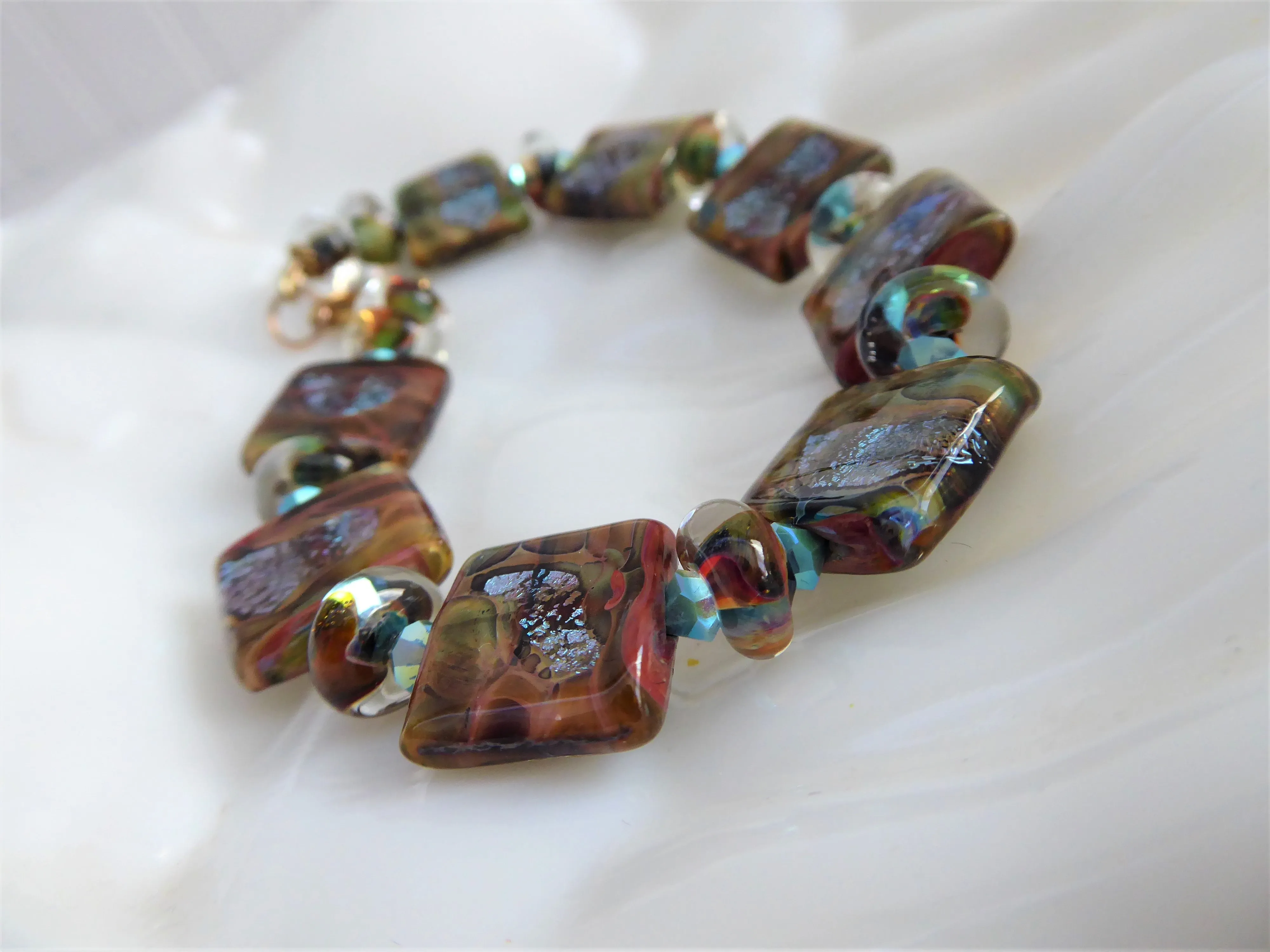 Art Glass Brown Turquoise Foil Tile Bracelet Artisan Glass Maker Square Size 7.5